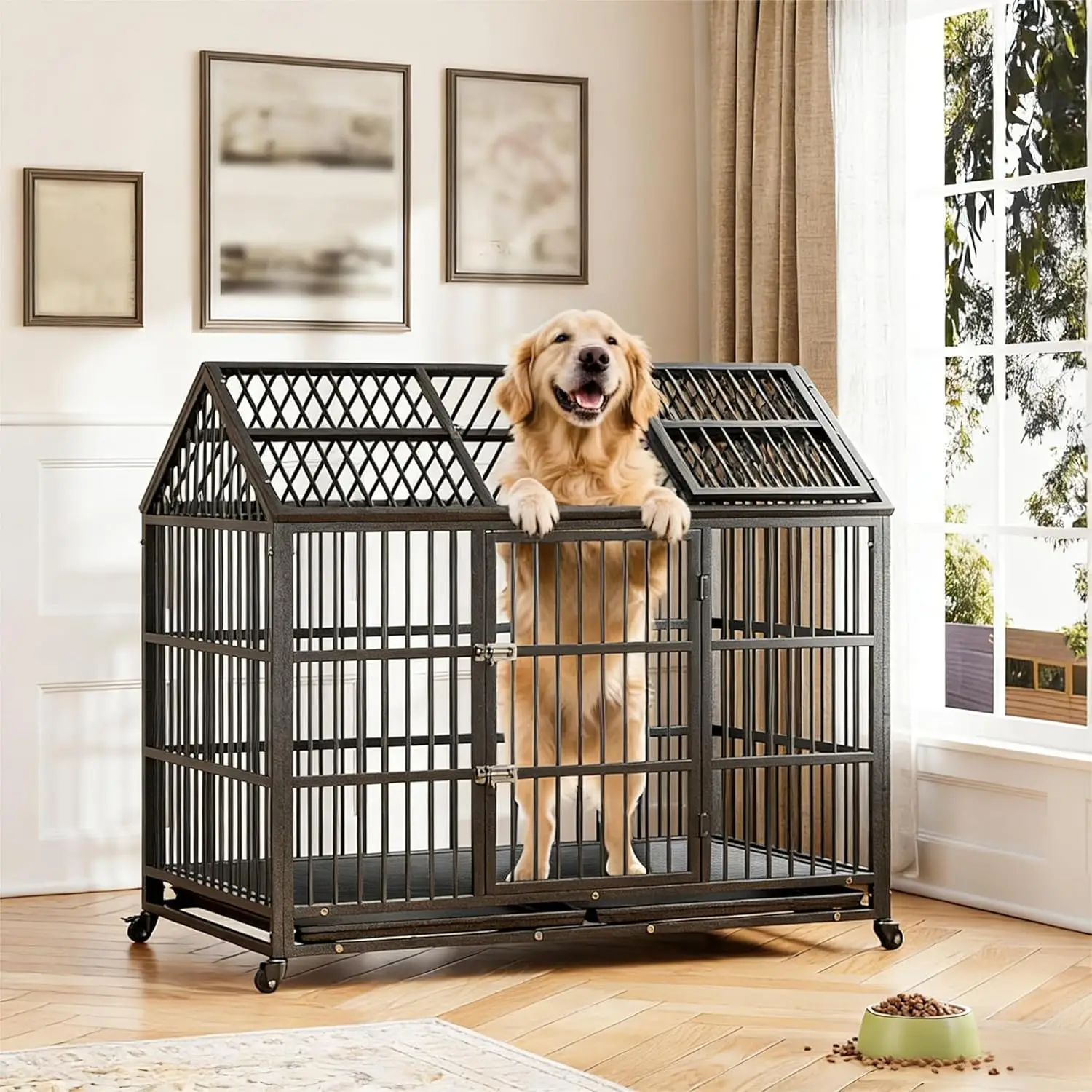 

Клетка для собак 52 дюйма, сверхпрочная, большая металлическая будка для собак с крышей, 2-дверная клетка-домик для собак со съемным поддоном и колесами