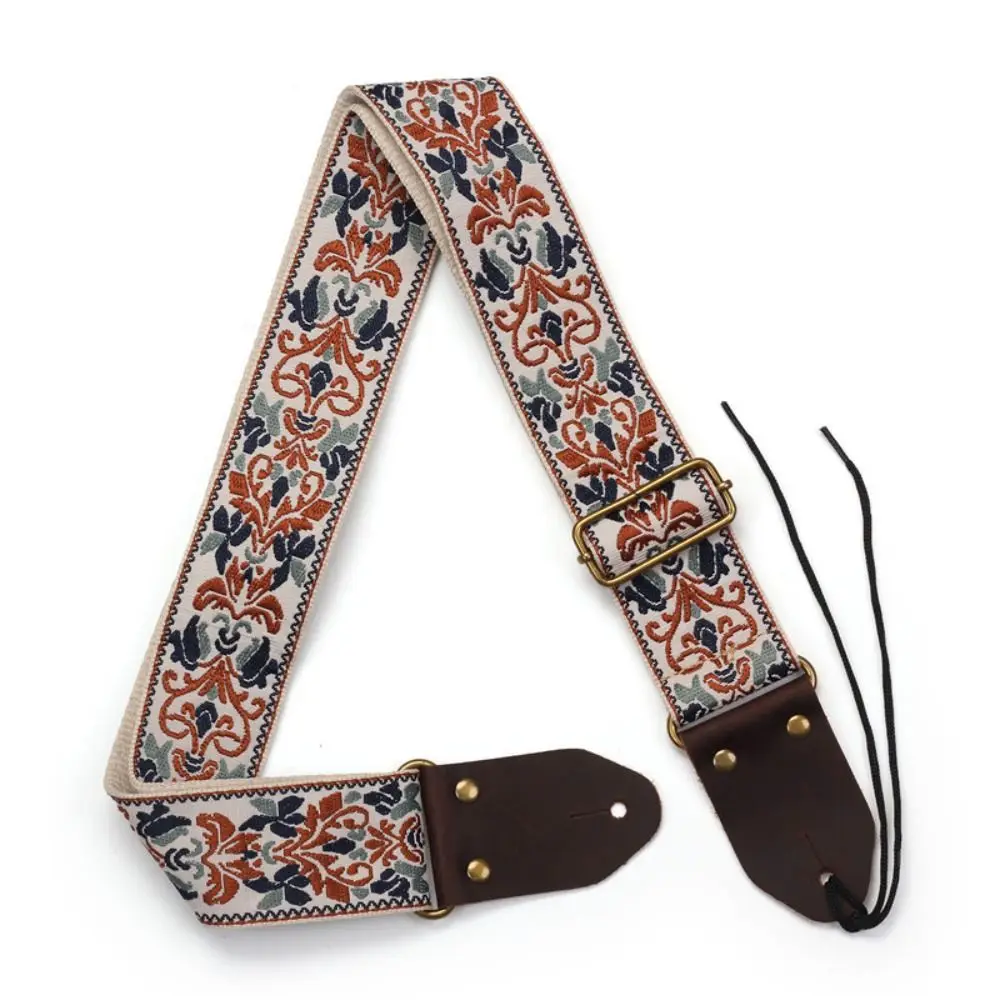Correa de guitarra vintage con flores bordadas, de cuero con puntas decorativas, cinturón de guitarra ultra grueso de algodón para guitarra eléctrica