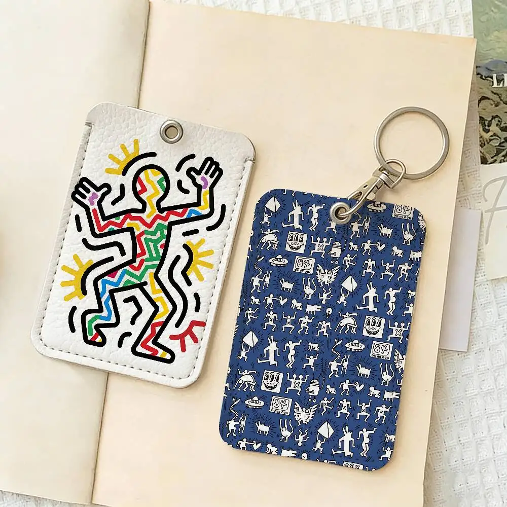Pop Art K-Keith Haring Rectangle ID Card Case Keychain Access Card Bag Key Tag Ring Leather Card Holder Key Ring Access