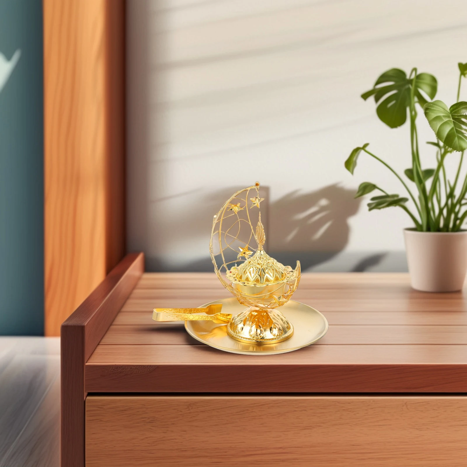 

1Set Middle Eastern Crescent Metal Incense Burner Tray Set Aromatherapy Holder Home Decor Eid Festival Gift Burner