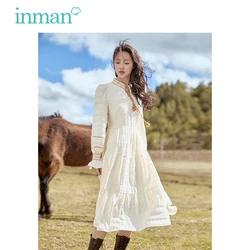 INMAN Women Dress 2023 Autumn Long Sleeve Lace Up Neckline A-shaped Loose Wrinkled Jacquard Pastoral Nomadic Style Long Skirt