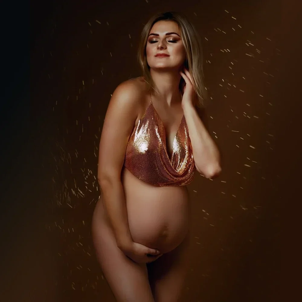 For Maternity Photography Dress Metal Sequins Halter Crop Tops Sparkle Glitter Tank Deep V Neck  for Pregnant Take A Picture