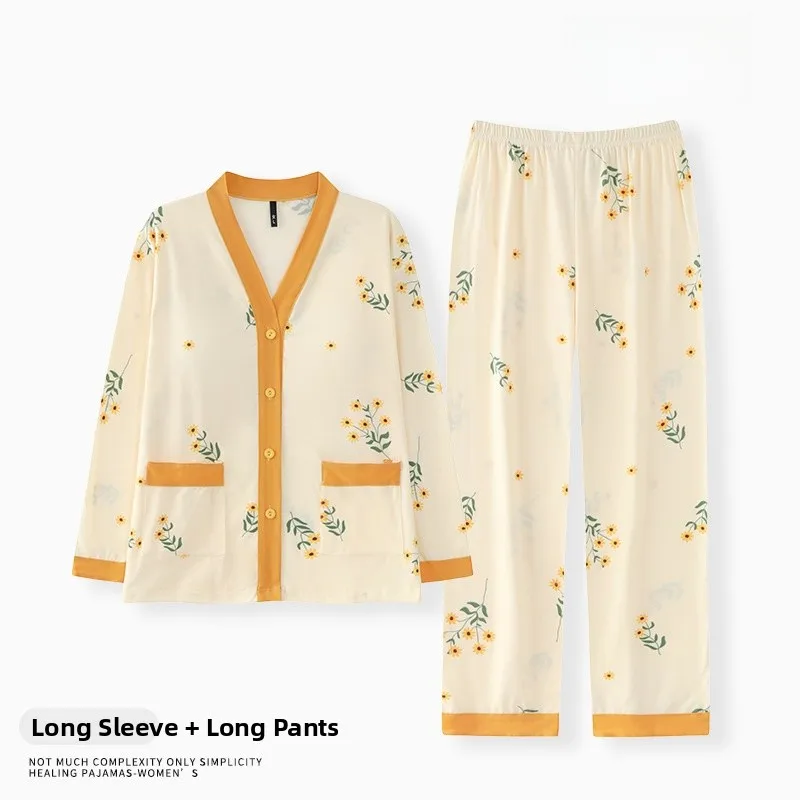 

Casual Long Sleeve Kimono Style Sleepwear Set for Women Cotton like Fabric Home Clothes with Chest Pad No Need to Wear Bra