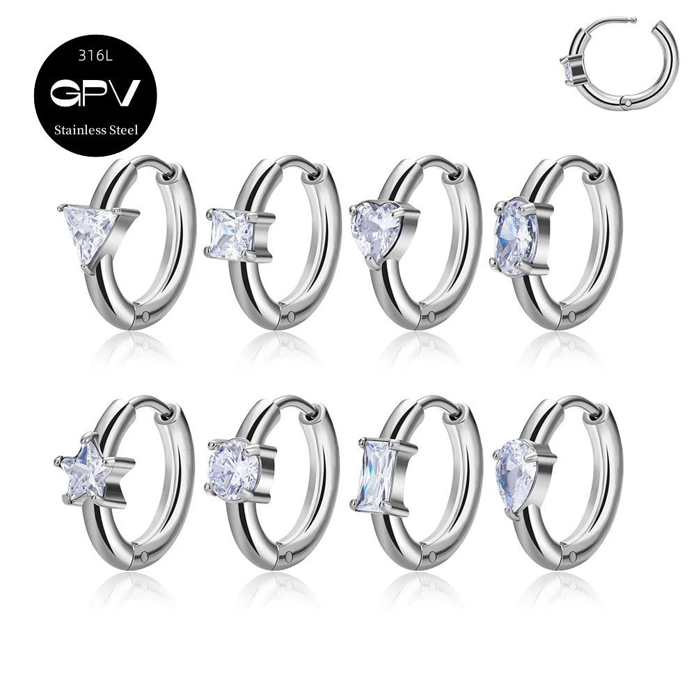 1PCS New 316L Medical Stainless Steel Ring Earrings with Various Shapes of Zircon Double Opening Ring European Classic Jewelry