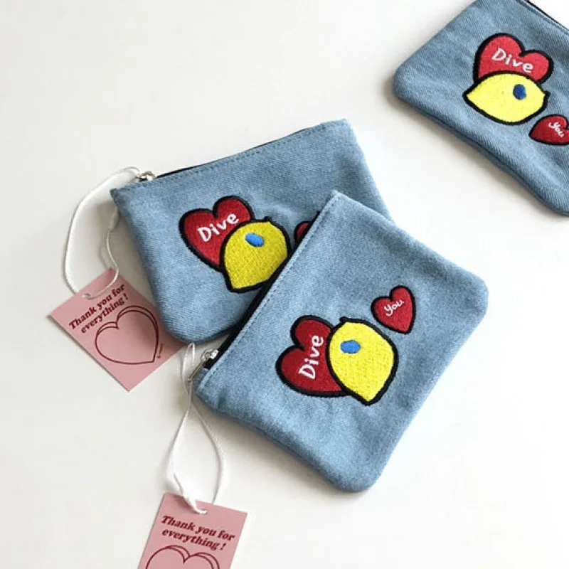 Love Heart Embroidered Denim Coin Purse Cute Mini Lipstick Coin Storage Bag