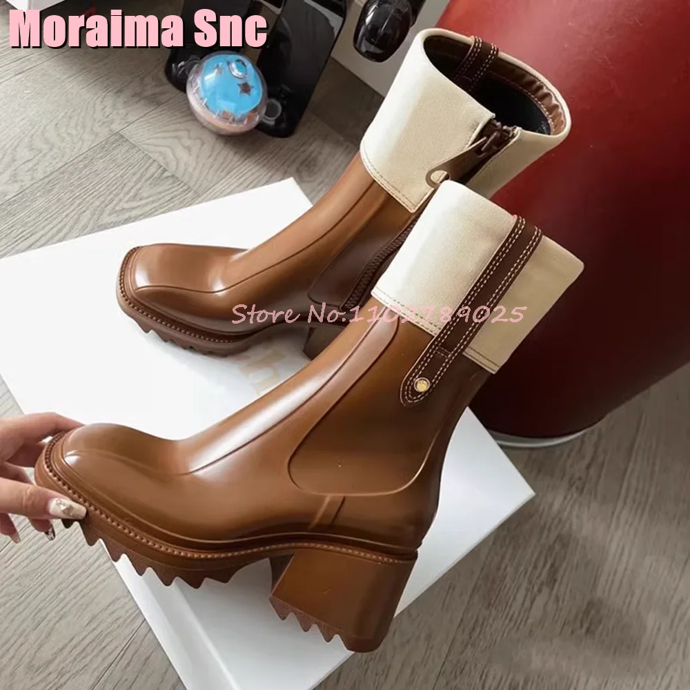 Mixed Colors Square Toe Ankle Boots Block Chunky Heel Metal Button Side Zipper Sexy Fashion Women Autumn Winter Boots Brown 2023