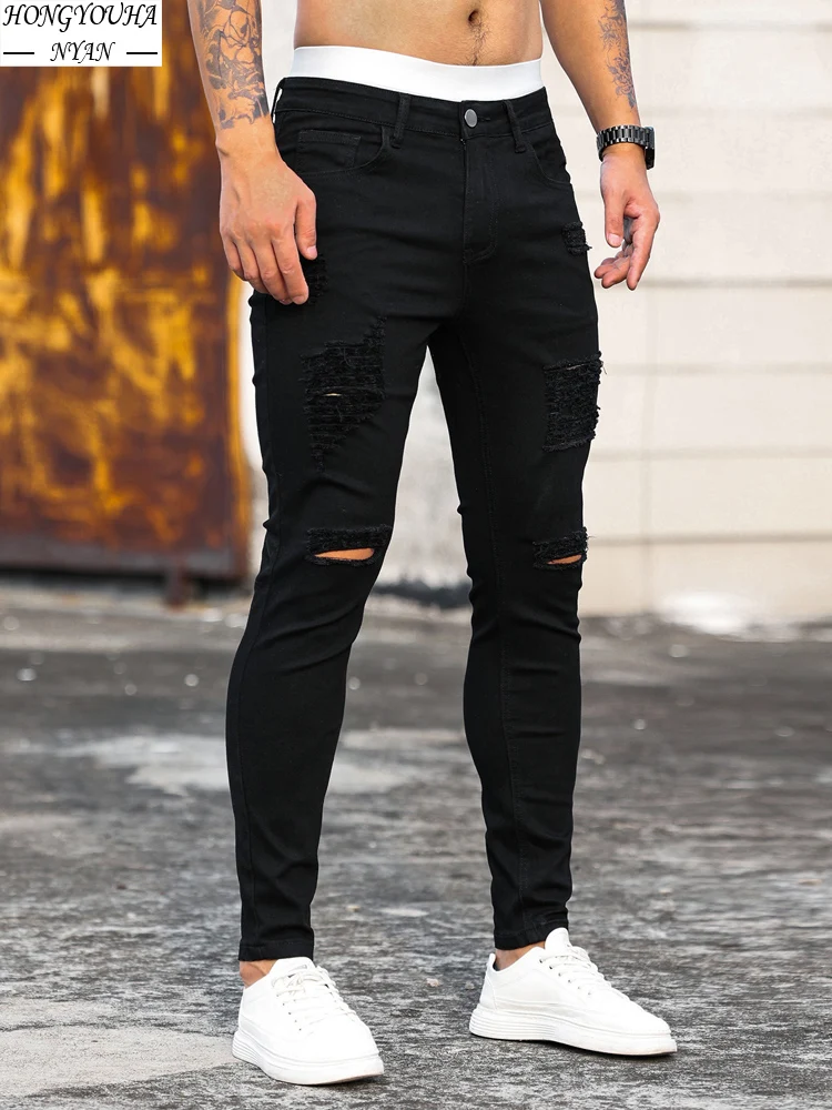 2023 European American Black Men\'s Jeans Classic Slim Fit Jeans Men Clothing Stretch Elastic Skinny Hole Hip Hop Black Jeans