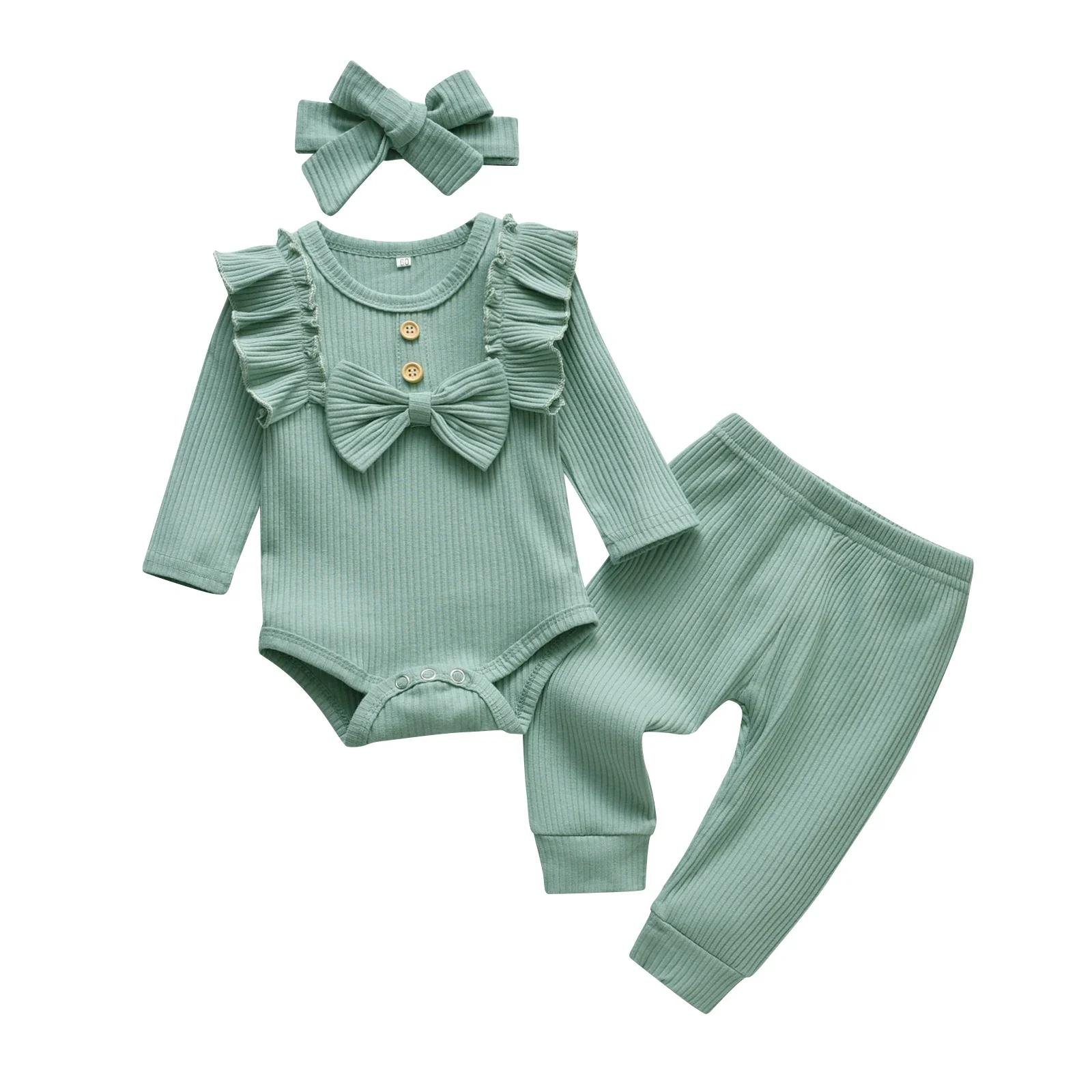 3pcs Newborn Baby Girl Casual Clothes Set Ruffles Knitted Long Sleeve Bodysuit + infant Pants + Headband Solid Color Outfits