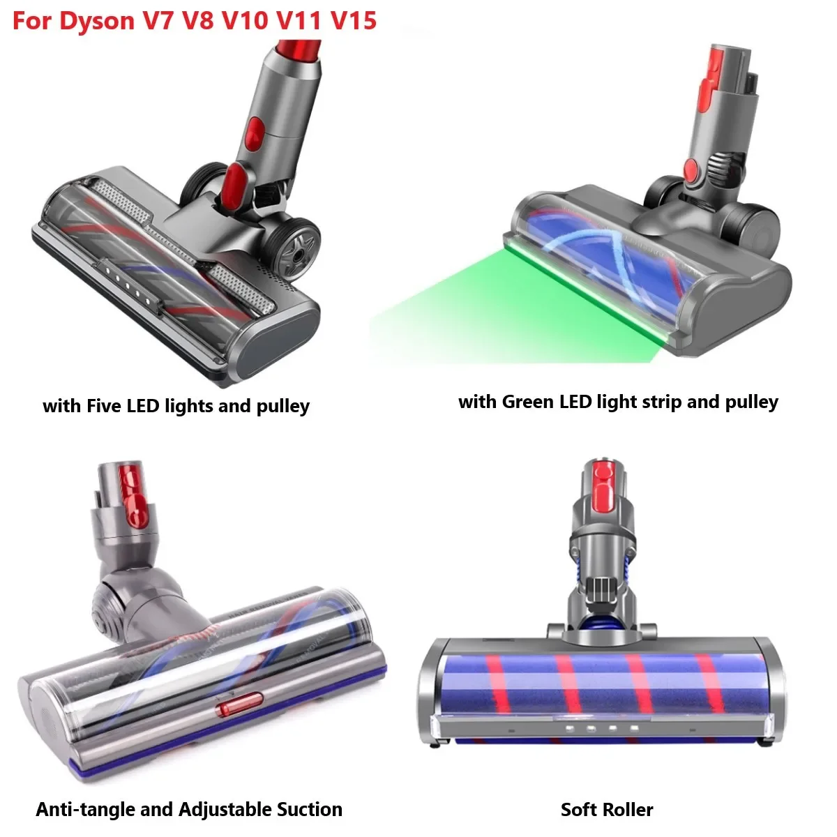 Used for Dyson V7 V8 V10 V11 V15 vacuum cleaner vacuum brush head, LED light, soft roller, adjustable suction, dual roller