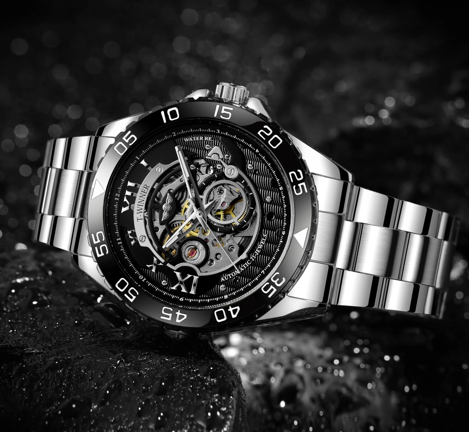 T-WINNER Fashion Military Man Watch Skeleton Automatic Mechanical Luminous Waterproof Stainless Steel Luxury Sports Wristwatches