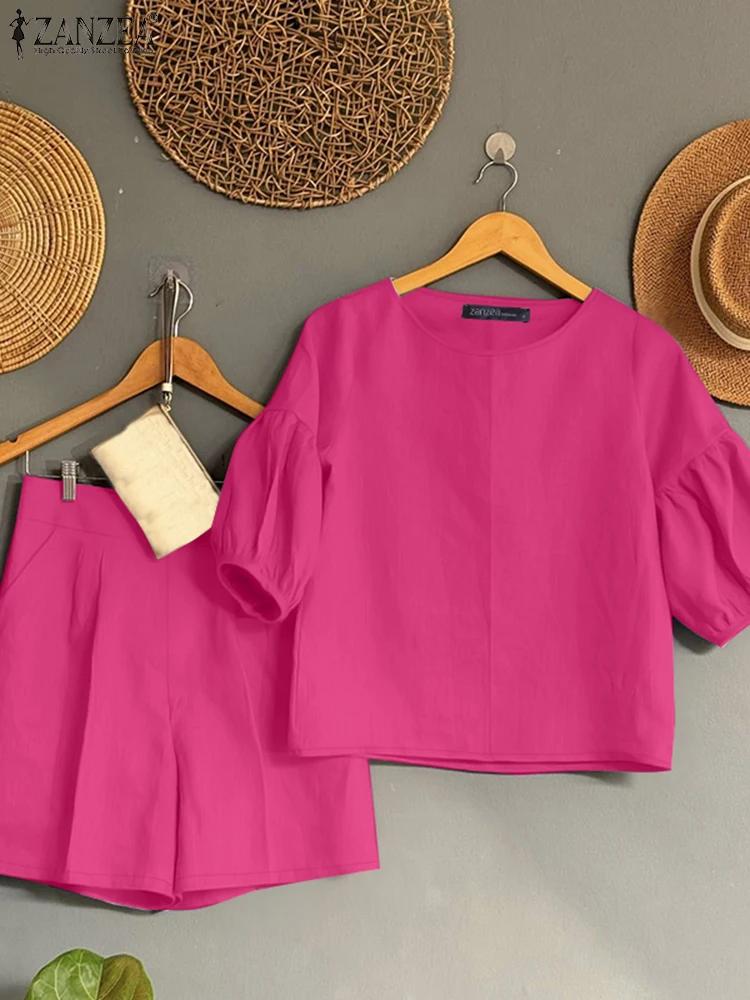 

2PCS Women Summer Short Sets ZANZEA Fashion Woman Outfits Solid Matching Sets Casual Short Sleeve Blouse Suits Loose Tracksuits