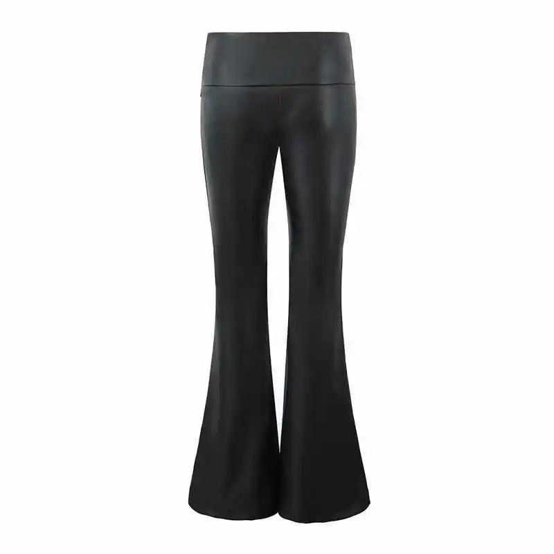 Pantalones de cuero con parte inferior de campana larga para mujer, pantalón informal, de cintura baja, a la moda, estilo europeo, combina con todo, de pierna ancha