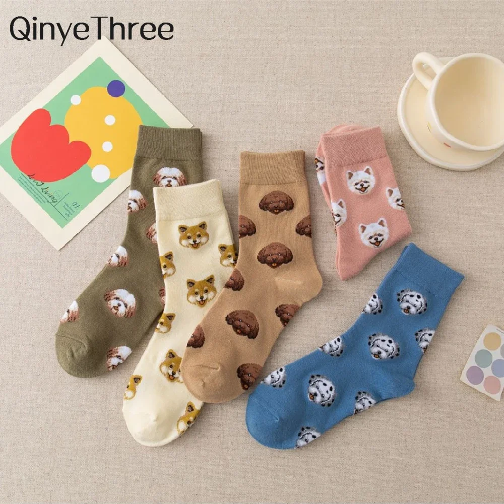 New Cute Cartoon Dog Middle Tube Socks Japanese Ins Creative Female Sokken Shiba Inu Dalmatian Malzis Teddy Pomeranian Dropship