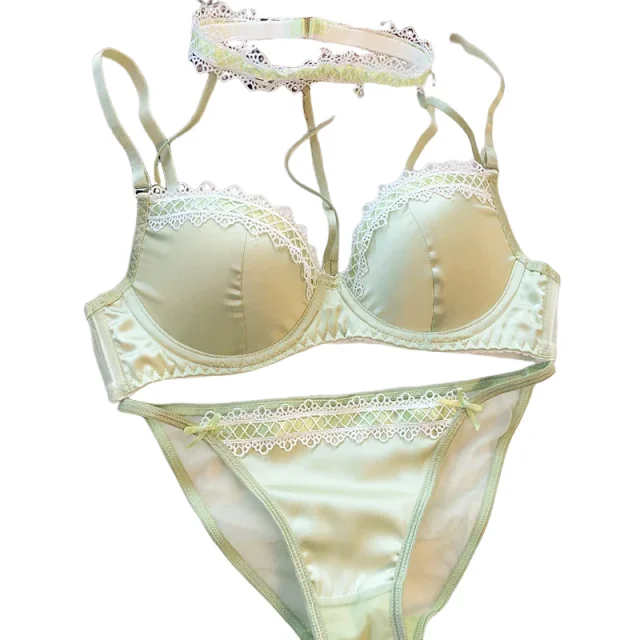 KUCLUTLolita French Pure Desire Sexy Lace Satin Spice Girl Bra Small Chest Gathering Halter Hollow Underwear Set Soft Underwire