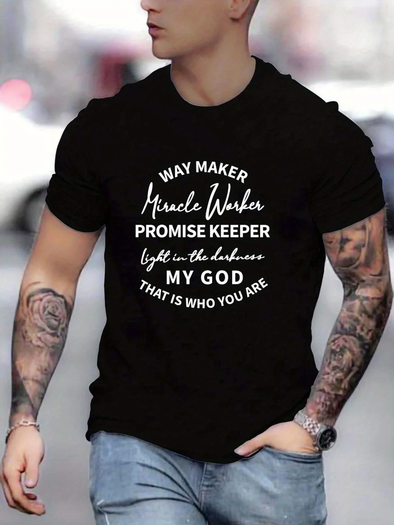 

Stylish Christian Letter Pattern Print Men's Comfy Chic T-shirt, Graphic Tee Men's Summer Outdoor Clothes, Men's Clothing