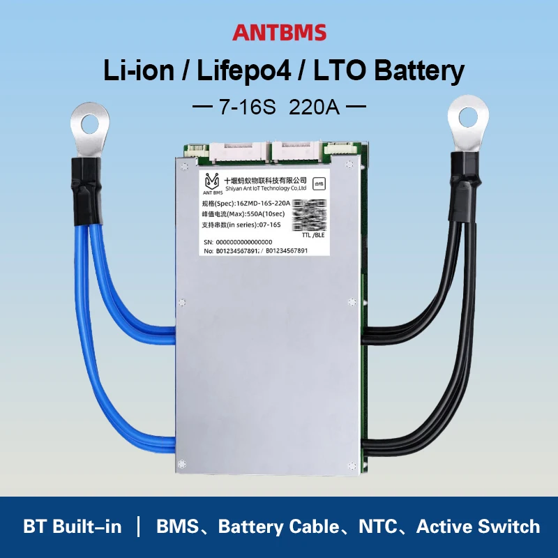 SMART ANT BMS 7S 8S 10S 12S 13S 14S 15S Li-ion Lifepo4 LTO Battery 24V 36V 48V 60V Continuous 220A Peak 550A Smart Balance Board