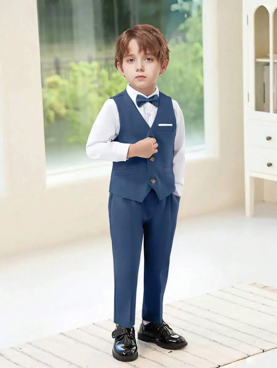 

4-Piece Navy Blue Formal Suit Set for Boys: Shirt, Vest, Bowtie, Pants