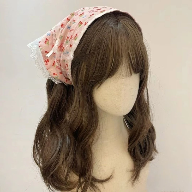 Plaids Hair Scarf Lace Bandana Head Wrap Cottagecore Strawberries Hair Tie Lace for Adults Creative Elegant Headwear