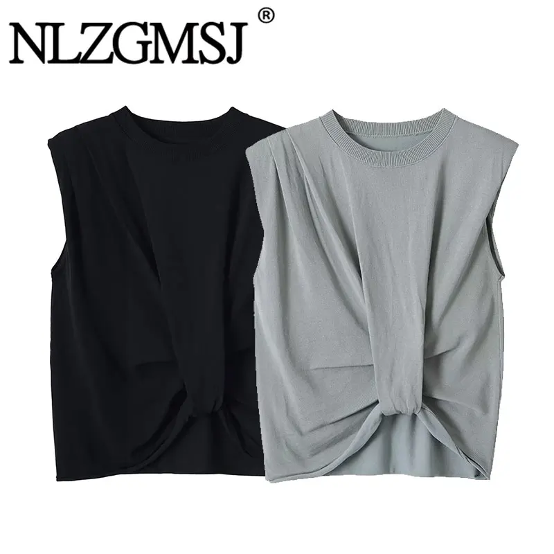 Nlzgmsj 2026 Summer Womens Twist Front Ruched Knit Sleeveless Vest Padded Shoulder  Office Lady Elegant Tank Top