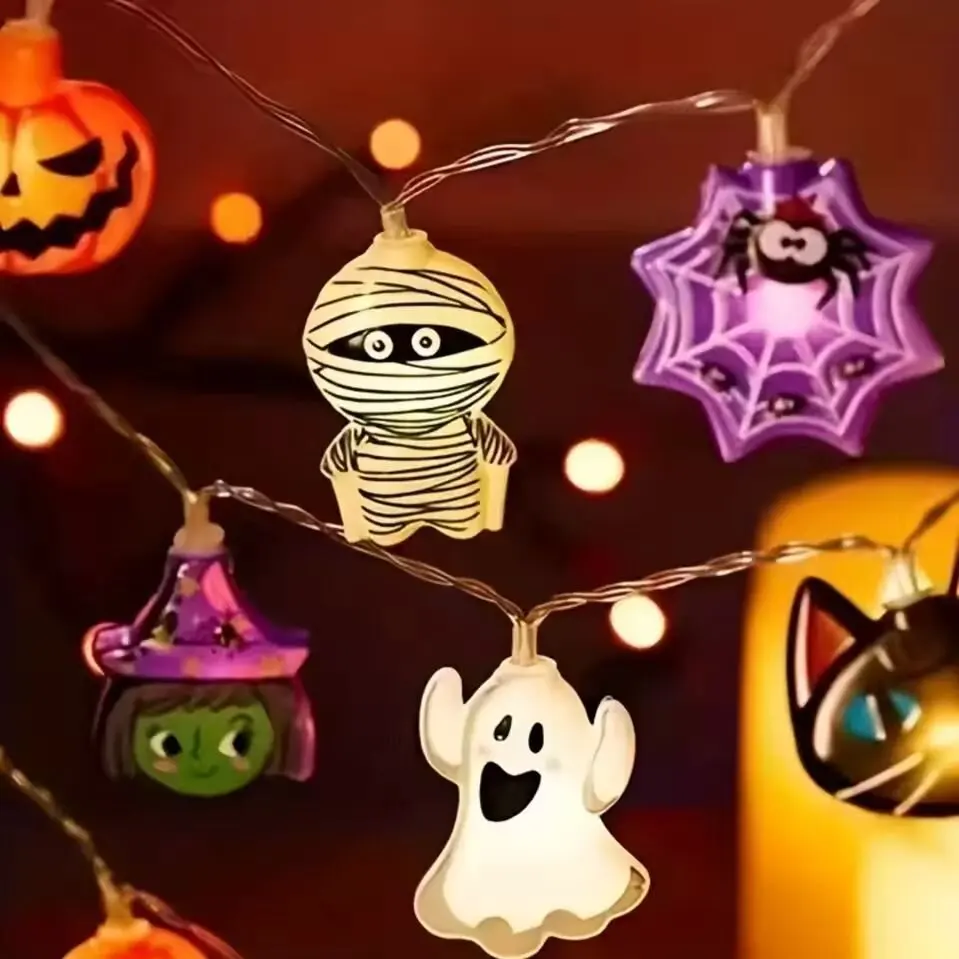 1 Buah Lampu Tali LED 8 Elemen Halloween Pencahayaan Suasana Horor Bertenaga Baterai dengan Kerangka Laba-laba Labu Kucing Penyihir Hantu