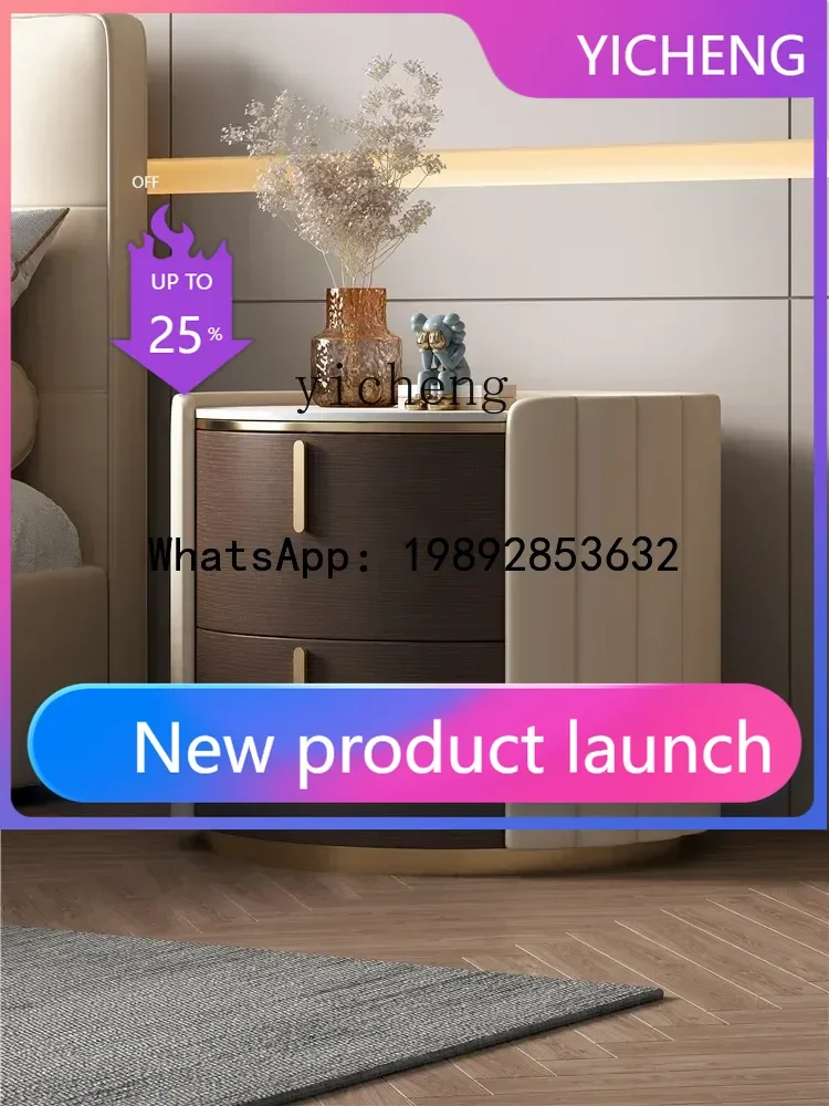 

round Stone Plate Bedside Table Simple Modern Advanced Solid Wood Bedroom Bedside Cabinet