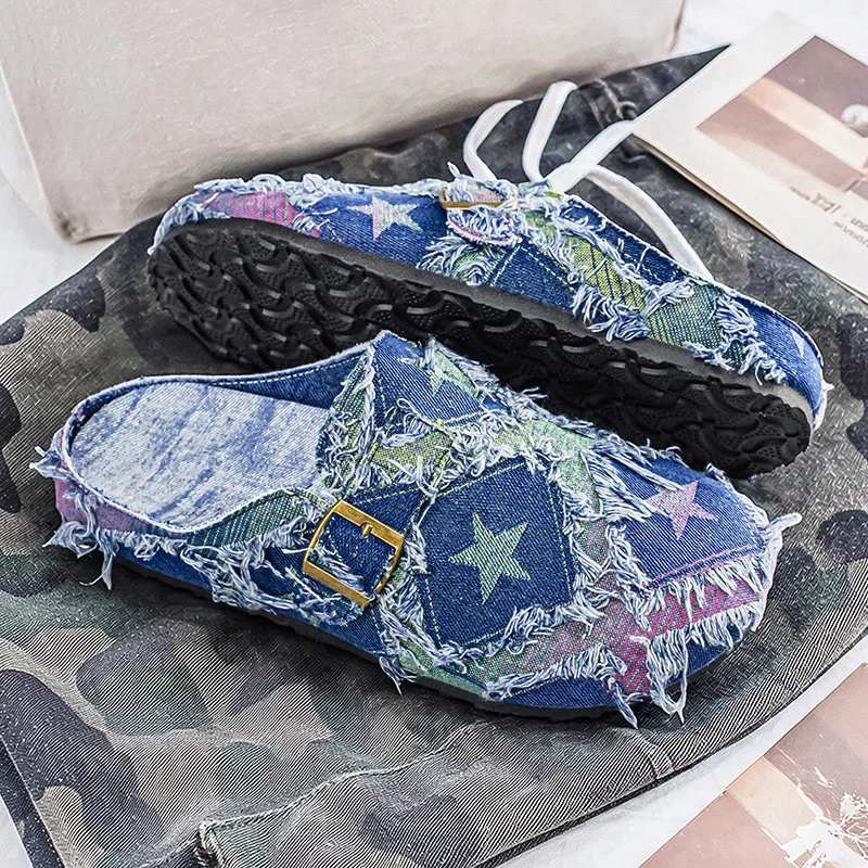 Denim distressed men's half drag non collision style trendy casual shoes men's slippers