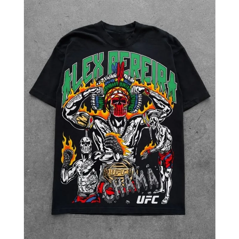 

UFC Модная новая Alex Pereira Черная футболка с принтом черепа Хэллоуин Мужчины Женщины Спортивная рубашка с круглым вырезом Негабаритный дышащий быстросохнущий топ
