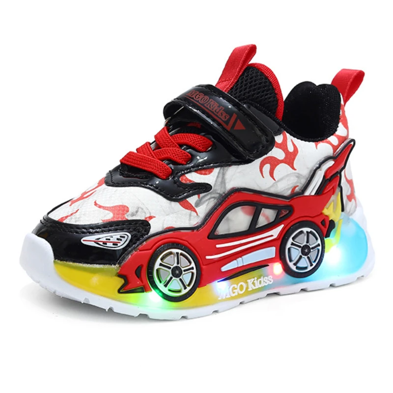 New Children's Sports Shoes Fashion Cartoon Car Luminous Children's LED Light Shoes Boys' Causal Sneakers 1-6 Years Old