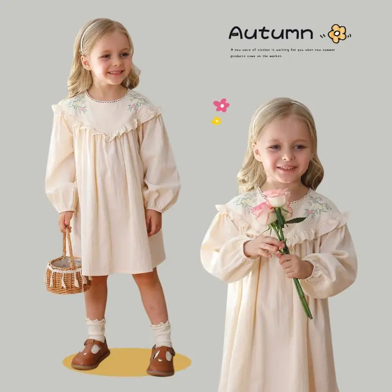 2024 Flower Embroidered Girls Dress Autumn Long Sleeves Girl Dresses Round Neck Fashion Birthday Party Holiday Children Clothing