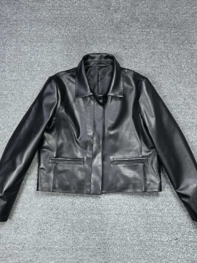 Women Genuine Leather Jacket Vintage Turndown Collar Real Sheepskin Black Short Coat Spring Single Breasted Casual Outerwear