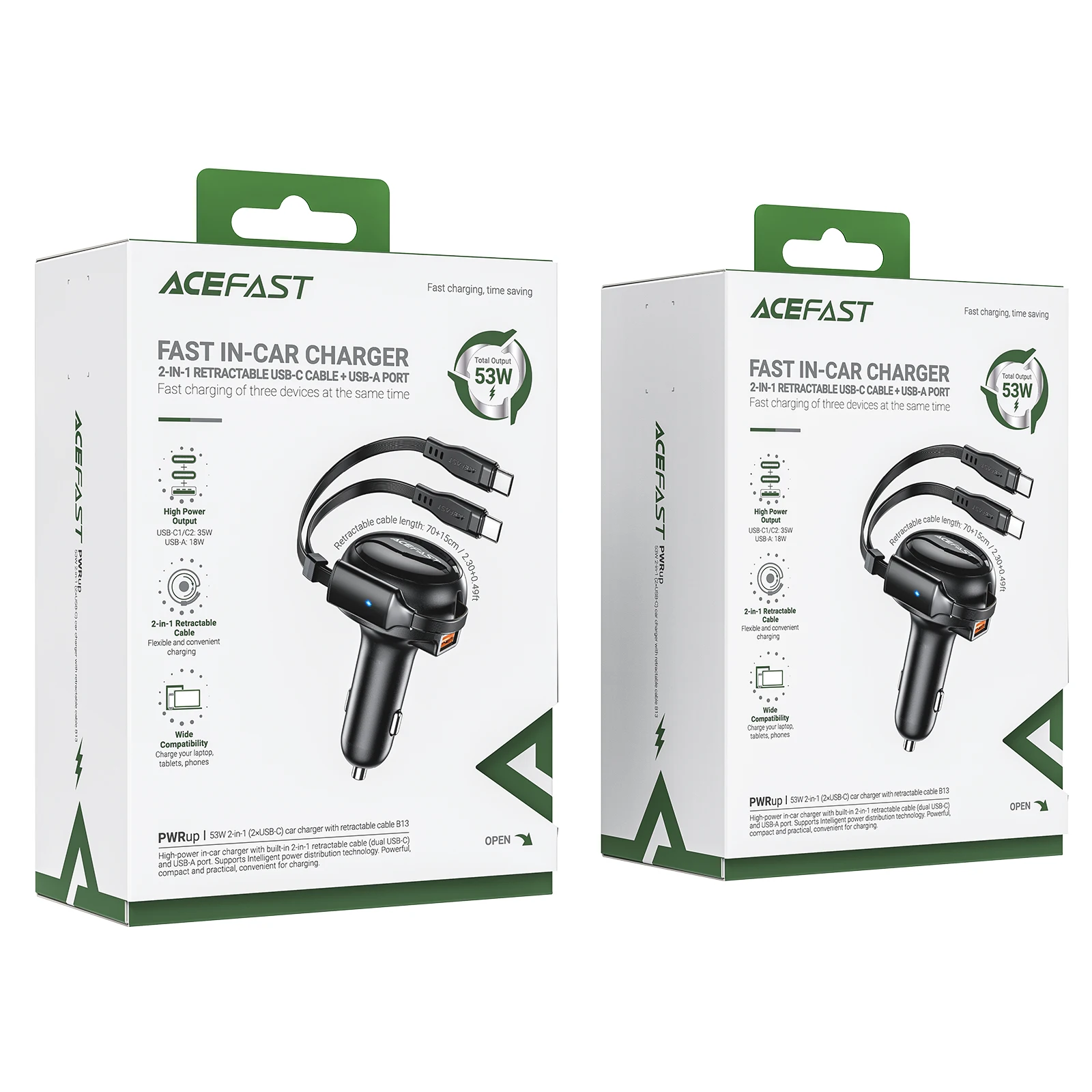 ACEFAST 2-in-1 53W Fast Charging Phone Charger in Car For iPhone 16/15 /14 Type C Retractable Cables Quick Charing For Samsung