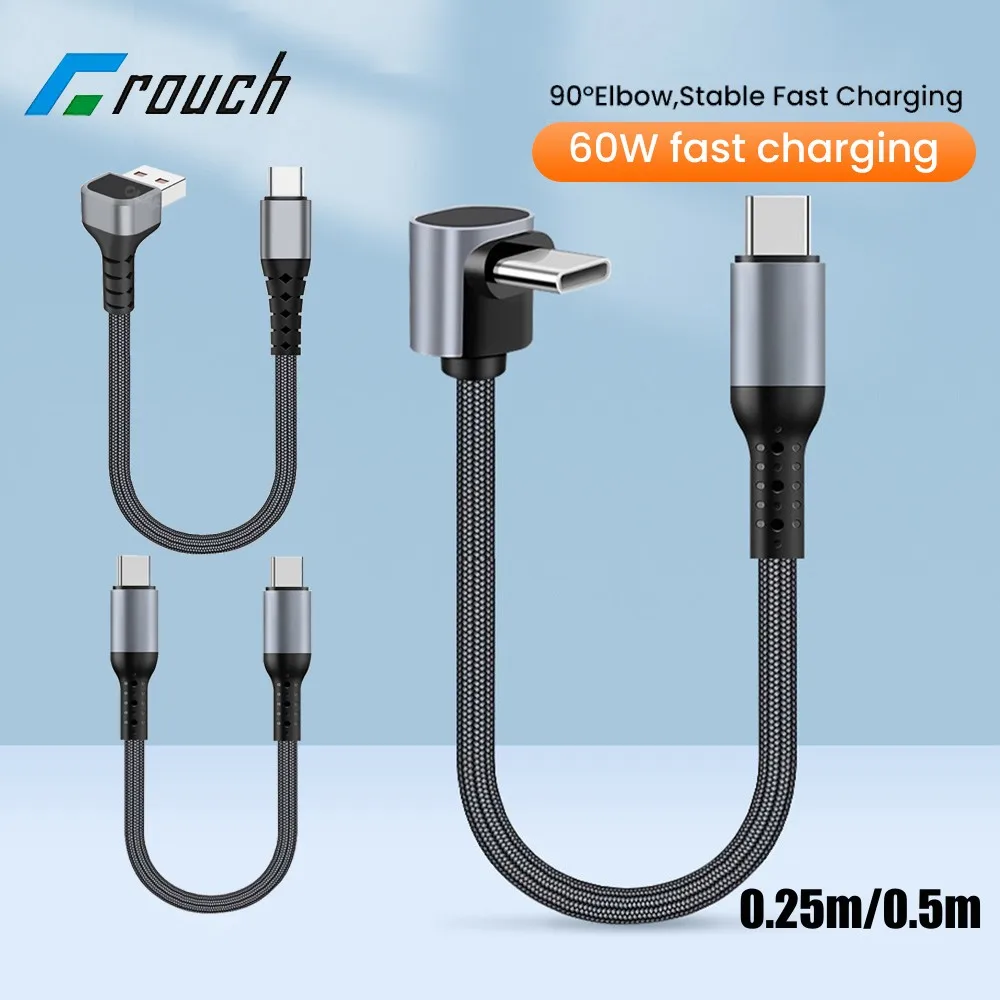 0.25M/0.5M Short Elbow Cable PD60W Fast Charging Cable Portable Power Bank Dual Type C Cable for iphone 15 Samsung Xiaomi