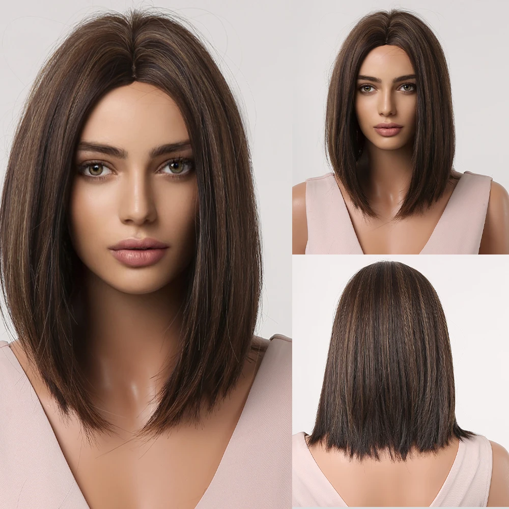 Ciemnobrązowe krótkie proste peruki syntetyczne Bob Highlight Golden Blonde Hair Middle Part Peruki dla czarnych kobiet Afro Codzienne użytkowanie