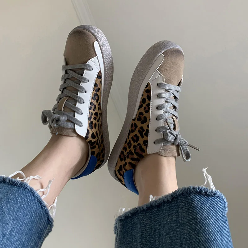 Phoentin Casual Leopard Round Toe Thick Bottom Sneakers Lace Up  Women Vulcanized Shoes low heels Making old dirty shoes FT2628