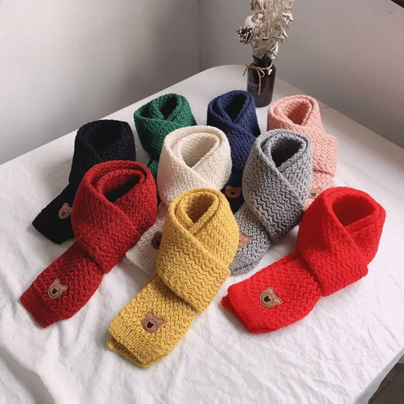 Winter Children Colors Soft Knitting Wool Thermal Scarf Boys Girls Lovely Outdoor Warmer Scarf Kids Solid Labelled Scarf