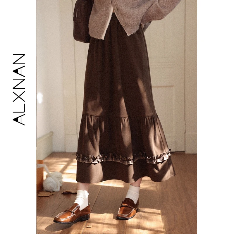 

ALXNAN Women Skirt Long A-line High Waist Vintage Brown Autumn Winter Skirts Elegant Casual Fashion Midi Female Skirt L59712