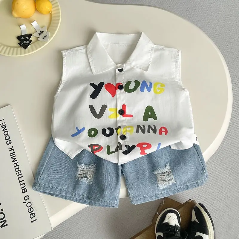 

Children's Summer Outfit Set 2026 New Style Boys Baby Short Sleeve Shirt Denim Shorts 2-Piece Set