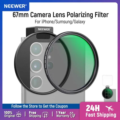 Imagen 1 del producto NEEWER Filtro CPL para teléfono, filtro polarizador de lente de cámara de 67 mm con clip de teléfono de zapata fría de metal compatible con iPhone 15 Pro