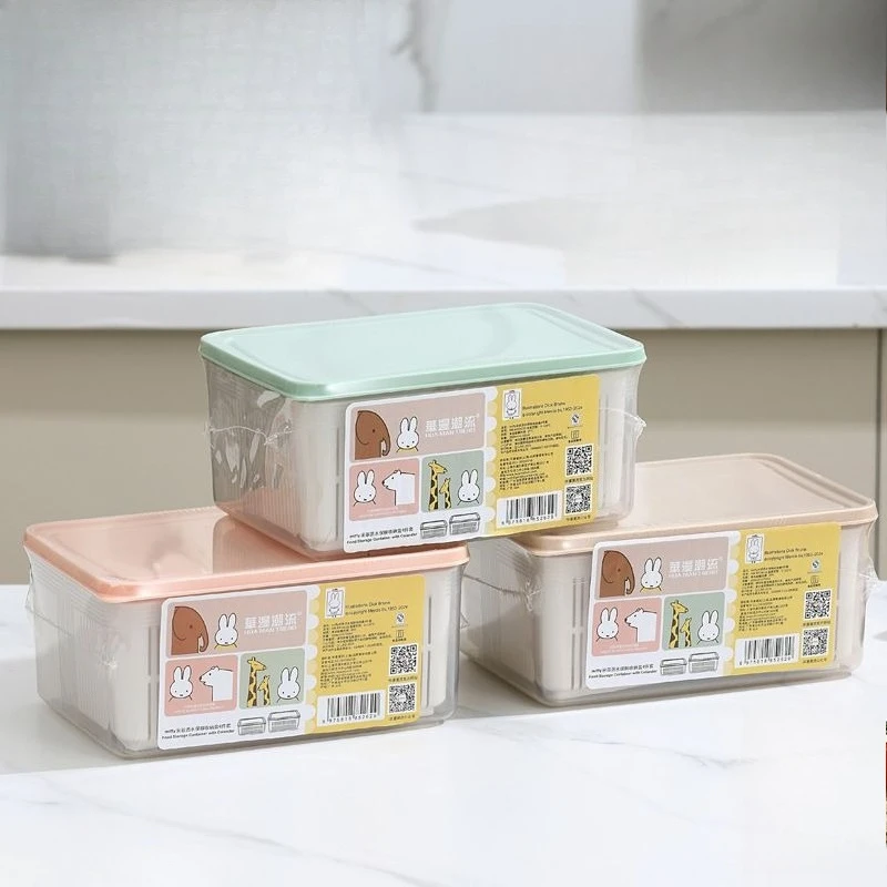 Miffy Kawaii Anime Cartoo Drain Basket Household Use Crisper Box Vegetables Seafood Refrigerator Storage Box Double Layer
