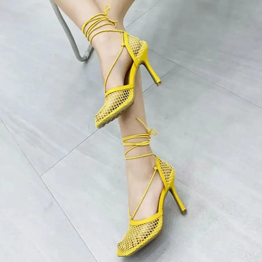 Punta cuadrada, zapatos femeninos transpirables De lujo, sandalias De malla con correa en el tobillo, tacones altos De aguja, Huaraches sólidos a la moda