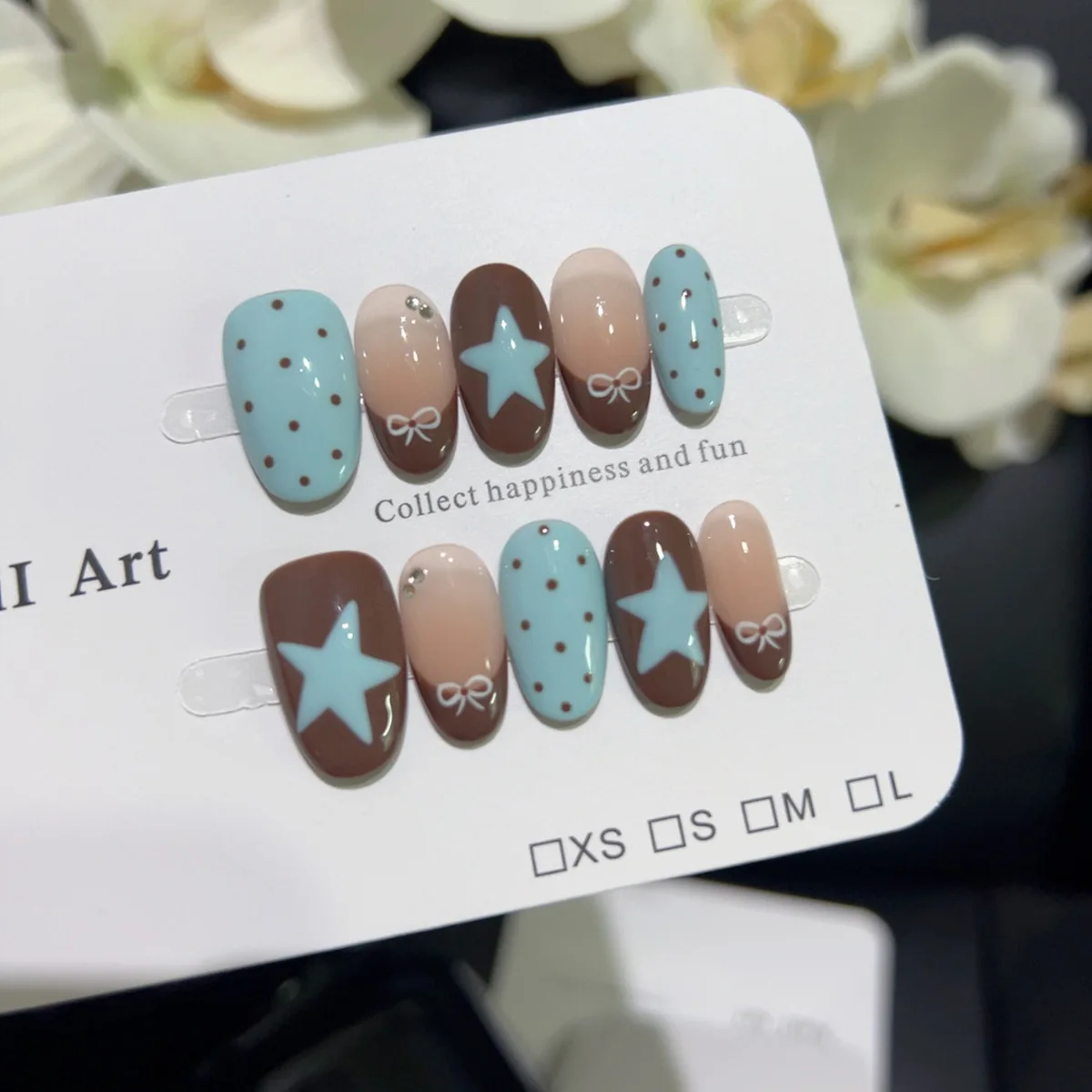 10 pçs artesanal francês curto imprensa em unhas azul marrom bolinhas arco estrela design unhas falsas wearable dicas de arte do prego para meninas