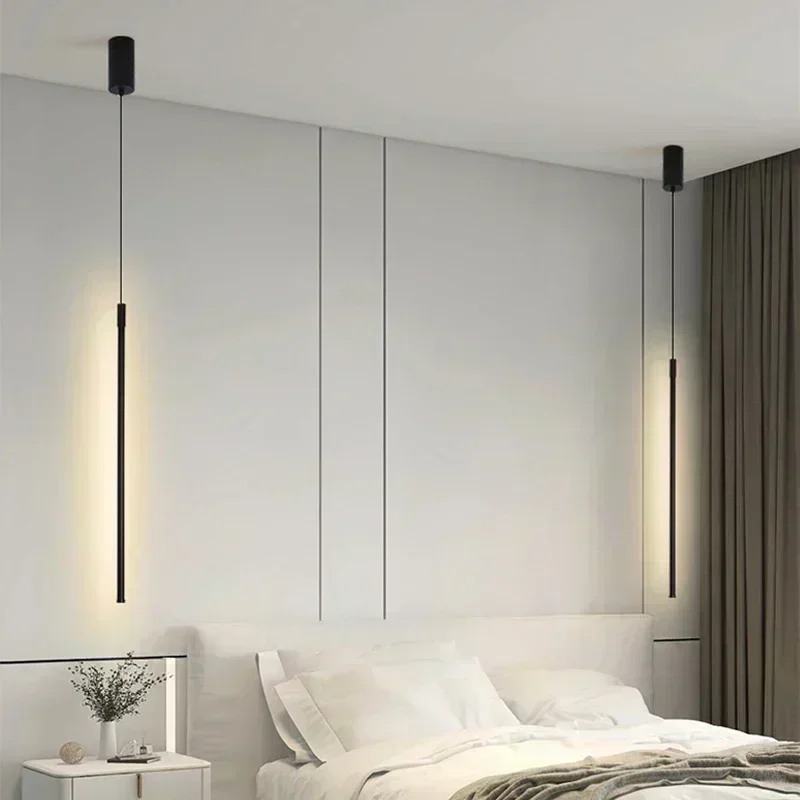 

Modern LED Long Pendant Lights for Dining Room Bedroom Bedside Hanging Lamp Background Chandeliers Design Line Lighting Fixtures