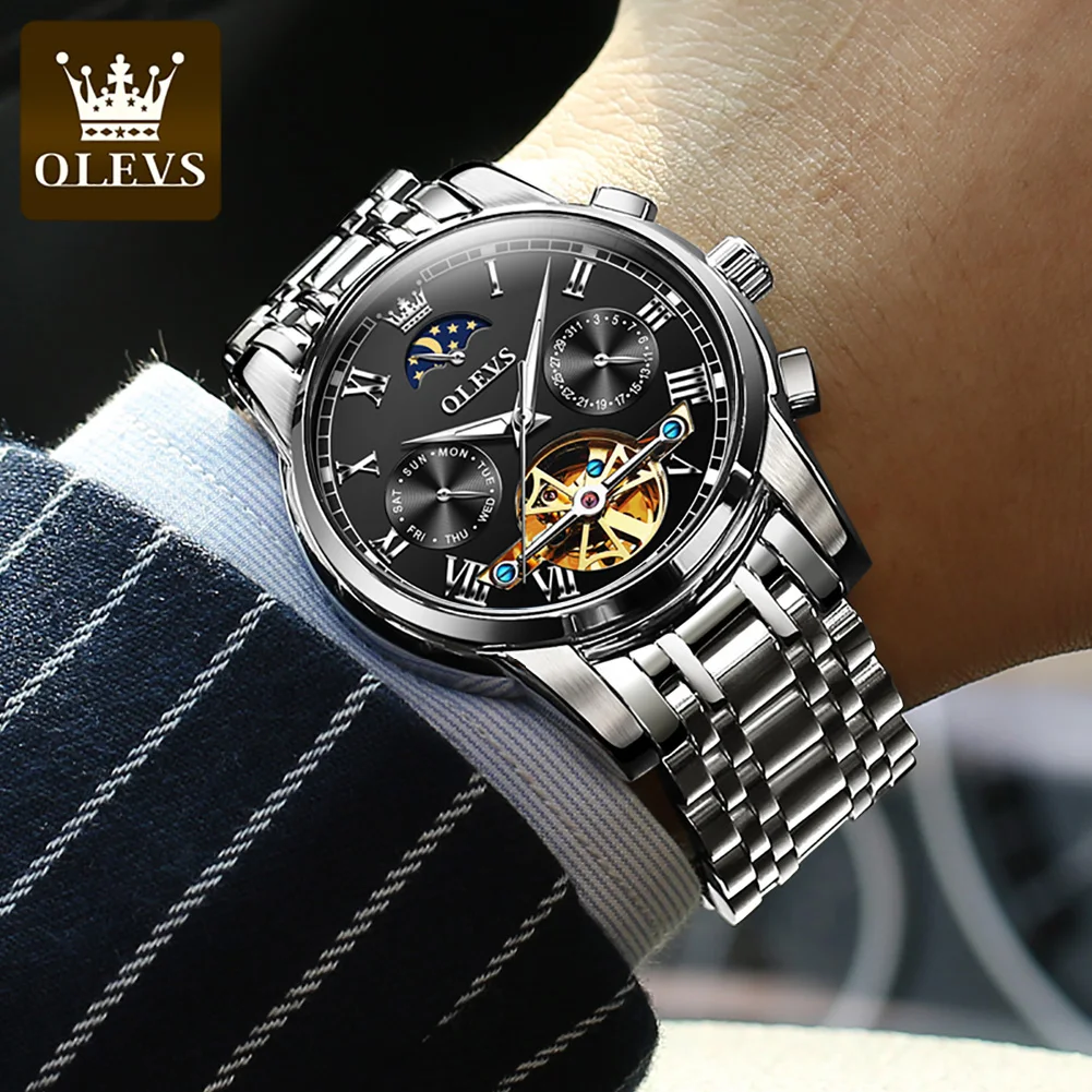 ساعة ميكانيكية أوتوماتيكية بالكامل للرجال ماركة OLEVS Moon Phase 6617