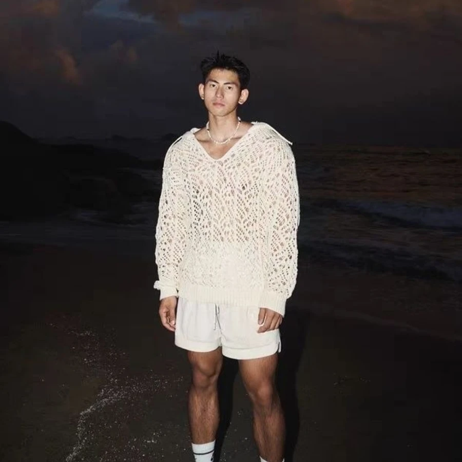 الرجال سترة محبوك الجوف خارج مثير مقنعين قناع السترة الشارع الشهير كم طويل بلايز ربيع الخريف معطف رجل الملابس العصرية جديد