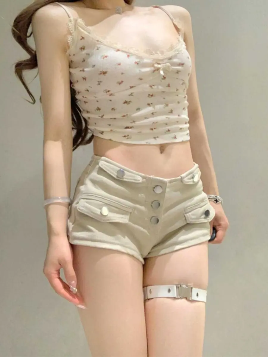 Women's Khaki Cargo Denim Hot Pants Sexy Low Rise Jean Shorts Y2K Gyaru Vintage Nightclub Pole Dance Micro Cowboy Shorts Summer