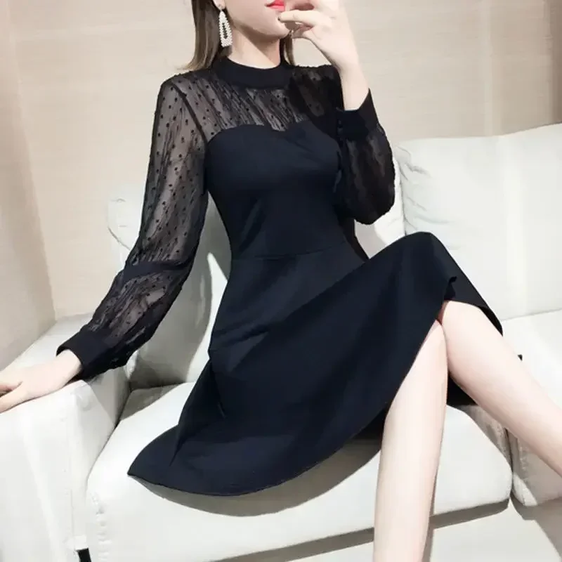 Splicing Women\'s Long Sleeve Dresses Mesh Female Dress Black High Quality Luxury Thic Outfits 2025 Fashion A Line Elegant Curvy