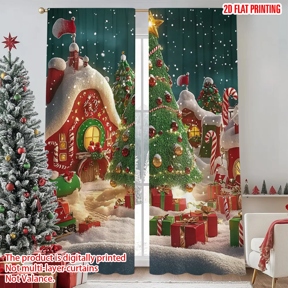 

2pcs 2D flat printing Merry Christmas Scene Curtains Dream Winter Snow Durable 100% Polyester Fabric Without Electricity Party