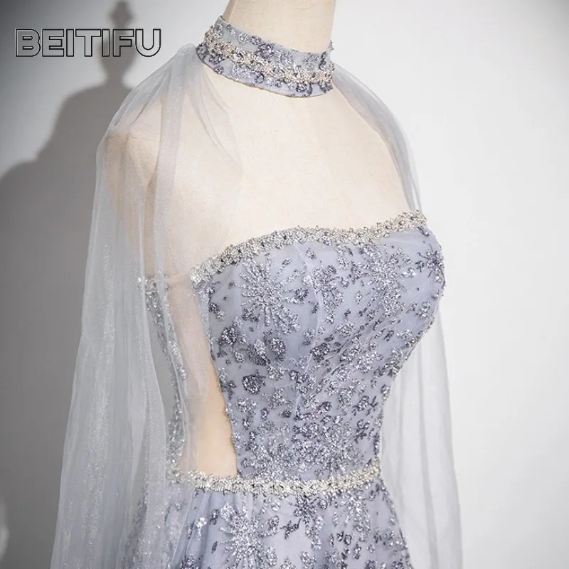 فستان سهرة نسائي أنيق مكشوف الكتفين وأكمام طويلة ترتر ثقيل فساتين لحفلات الولائم للنساء فيستدو دي فييستا