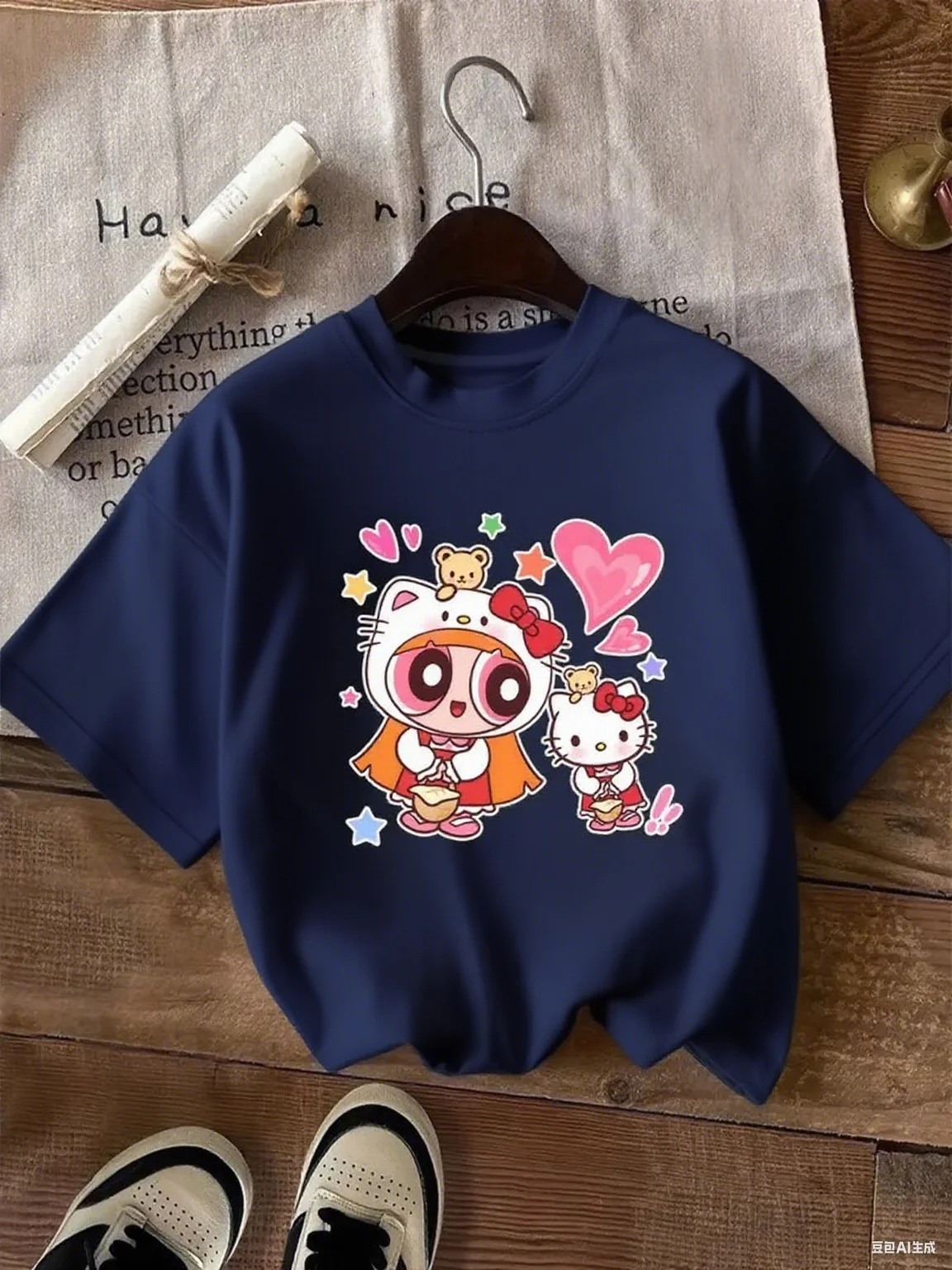 Cotton T Shirt with Hello Kitty Powerpuff Girls Graphic Adorable Kitty and Powerpuff Crossover Pattern Sweet Design Pure Cotton