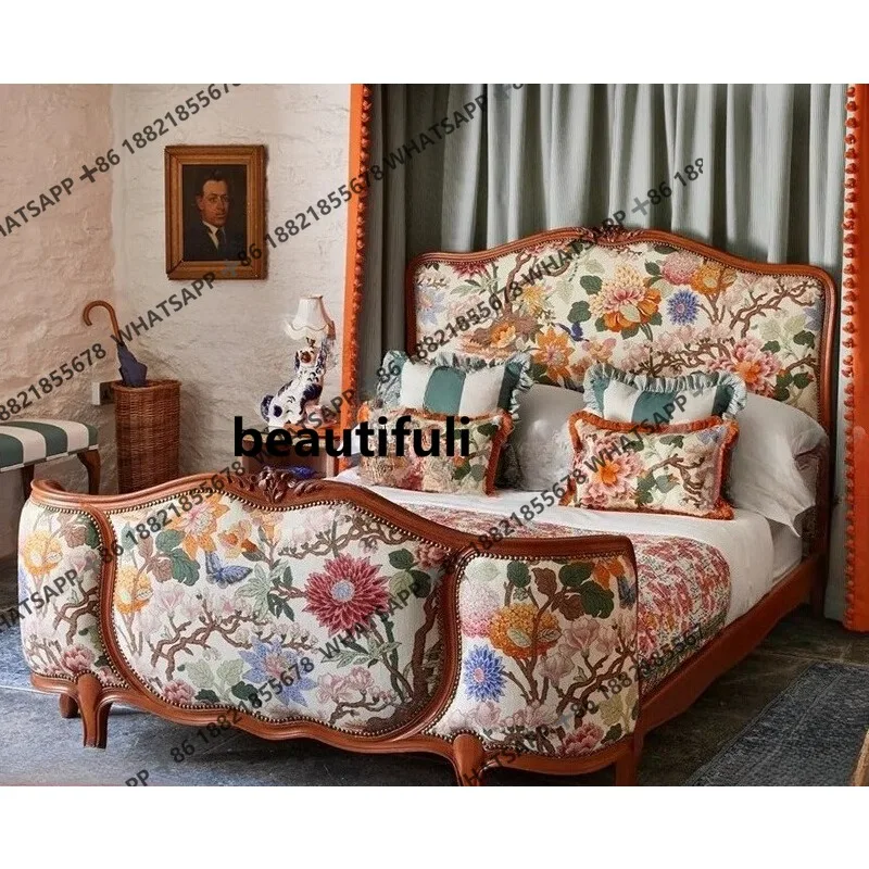 

Printed soft bag wedding bed bedroom, all solid wood bed, retro home large, double bed new